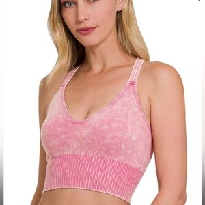 ZENANA WASHED CRISSCROSS STRAP BACK SEAMLESS TANK TOP ASH PINK